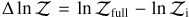 $\Delta \ln {\cal Z} = \ln {{\cal Z}_{{\rm{full }}}} - \ln {{\cal Z}_{\rm{i}}}$