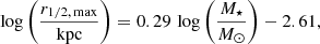 $$ \begin{aligned}&\log \left({r_{1/2,\,\mathrm{max}} \over \mathrm{kpc}}\right) = 0.29 \,\log \left({M_\star \over {M_\odot }}\right) - 2.61, \end{aligned} $$