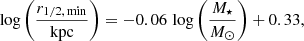 $$ \begin{aligned}&\log \left({r_{1/2,\,\mathrm{min}} \over \mathrm{kpc}}\right) = -0.06 \,\log \left({M_\star \over {M_\odot }}\right) + 0.33, \end{aligned} $$