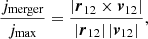 $$ \begin{aligned} \frac{j_{\rm merger}}{j_{\rm max}} = \frac{\left|{{\boldsymbol{r}}_{12}} \times {{\boldsymbol{v}}_{12}}\right|}{\left|{{\boldsymbol{r}}_{12}}\right|\left|{{\boldsymbol{v}}_{12}}\right|}, \end{aligned} $$