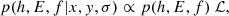 $$ \begin{aligned} p(h,E,f|x,{ y},\sigma ) \propto p(h,E,f)\ \mathcal{L} ,\end{aligned} $$
