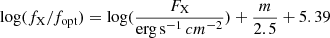 $ \log(f_{\mathrm{X}}/f_{\mathrm{opt}}) = \log(\frac{F_{\mathrm{X}}}{\mathrm{erg\,s}^{-1}\,cm^{-2}}) +\frac{m}{2.5}+5.39 $