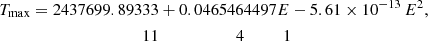 $$ \begin{aligned} T_{\rm max} = 2437699.893&33 + 0.0465464497E-5.61 \times 10^{-13}\,E^2,\nonumber \\&11 \qquad \qquad \qquad 4 \qquad \quad 1 \end{aligned} $$