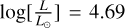 $\log \left[ {{L \over {{L_ \odot }}}} \right] = 4.69$