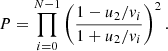 $$ \begin{aligned} P= \prod _{i=0}^{N-1}\left(\frac{{1-u_2/{ v}_i}}{{1+u_2/{ v}_i}}\right)^2. \end{aligned} $$
