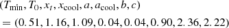 $$ \begin{aligned}&(T_{\rm min}, T_{0}, x_t, x_{\rm cool}, a, a_{\rm cool}, b, c)\nonumber \\&= (0.51, 1.16, 1.09, 0.04, 0.04, 0.90, 2.36, 2.22) \end{aligned} $$