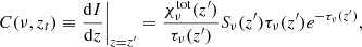 $$ \begin{aligned} C(\nu ,z_t) \equiv \frac{\mathrm{d}I}{\mathrm{d}z}\bigg |_{z=z^{\prime }} = \frac{\chi _{\nu }^\mathrm{tot}(z^{\prime })}{\tau _{\nu }(z^{\prime })}S_{\nu }(z^{\prime })\tau _{\nu }(z^{\prime })e^{-\tau _{\nu }(z^{\prime })}, \end{aligned} $$