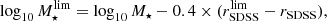 $$ \begin{aligned} \log _{10}M_\star ^\mathrm{lim} = \log _{10}M_\star - 0.4 \times (r_\mathrm{SDSS} ^\mathrm{lim} - r_\mathrm{SDSS} ) , \end{aligned} $$