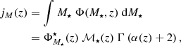 $$ \begin{aligned}&j_B(z) = \int L_B~\Phi (L_B,z)~\mathrm{d} L_B \nonumber \\&\qquad = \Phi _{L_B}^{\star }(z)~10^{0.4~(M_{B,\odot }-\mathcal{M} _B(z))}~\Gamma \left( \beta (z)+2\right) , \end{aligned} $$