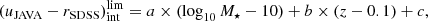 $$ \begin{aligned} (u_\mathrm{JAVA} -r_\mathrm{SDSS} )_\mathrm{int} ^\mathrm{lim} = a \times (\log _{10}M_\star - 10) + b \times (z - 0.1) + c, \end{aligned} $$