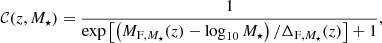 $$ \begin{aligned} \mathcal{C} (z,M_\star ) = \frac{1}{\exp \left[\left( M_{\mathrm{F} ,M_\star }(z) - \log _{10}M_\star \right) / \Delta _{\mathrm{F} ,M_\star }(z)\right] + 1} , \end{aligned} $$