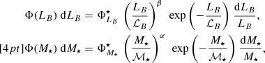 $$ \begin{aligned} \Phi (L_B)~\mathrm{d} L_B&= \Phi _{L_B}^{\star }~\left( \frac{L_B}{\mathcal{L} _B} \right)^\beta ~\exp {\left( -\frac{L_B}{\mathcal{L} _B}\right)}~\frac{\mathrm{d} L_B}{L_B} ,\end{aligned} $$