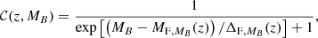 $$ \begin{aligned} \mathcal{C} (z,M_B) = \frac{1}{\exp \left[\left( M_B - M_{\mathrm{F} ,M_B}(z) \right) / \Delta _{\mathrm{F} ,M_B}(z) \right] + 1} , \end{aligned} $$