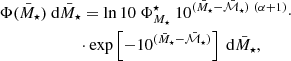 $$ \begin{aligned}&\Phi (M_B)~\mathrm{d} M_B = 0.4~\ln {10}~\Phi _{L_B}^\star ~10^{0.4(\mathcal{M} _B-M_B)~(\beta +1)} \cdot \nonumber \\&\qquad \qquad \quad ~~\,\,\cdot \exp \left[ -10^{0.4(\mathcal{M} _B-M_B)}\right]~\mathrm{d} M_B, \end{aligned} $$