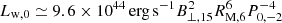 $ L_{\mathrm{w,0}} \simeq 9.6 \times 10^{44}\,\mathrm{erg\,s^{-1}} B_{\perp, 15}^2 R_{\mathrm{M, 6}}^6 P_{0,-2}^{-4} $