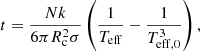 $$ \begin{aligned} t = \frac{N k}{6 \pi R_{\rm c}^2 \sigma } \left(\frac{1}{T_{\rm eff}} - \frac{1}{T_{\rm eff,0}^3}\right), \end{aligned} $$