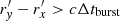 $ r^\prime_{\it y} - r^\prime_x > c \Delta t_{\rm burst} $
