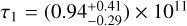 $\[\tau_1=\left(0.94_{-0.29}^{+0.41}\right) \times 10^{11} \mathrm{~s} \mathrm{~cm}^{-3}\]$