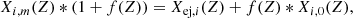 $$ \begin{aligned} X_{i,m}(Z)*(1+f(Z)) = X_{\mathrm{ej},i}(Z) + f(Z)*X_{i,0}(Z), \end{aligned} $$