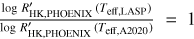 $\[\frac{\log R_{\mathrm{HK}, \mathrm{PHOENIX}}^{\prime}\left(T_{\mathrm{eff}, \mathrm{LASP}}\right)}{\left.\log R_{\mathrm{HK}, \mathrm{PHOENIX}}^{\prime} T_{\mathrm{eff}, \mathrm{A} 2020}\right)}=1.\]$