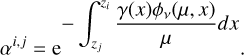 $\[\alpha^{i, j}=\mathrm{e}^{-\int_{z_j}^{z_i} \frac{\gamma(x) \phi_\nu(\mu, ~x)}{\mu} d x} .\]$