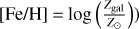 $\left. {[{\rm{Fe}}/{\rm{H}}] = \log \left( {{{{Z_{{\rm{gal }}}}} \over {{Z_ \odot }}}} \right)} \right)$