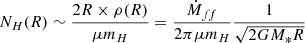 $$ \begin{aligned}&N_H(R) \sim \frac{2 R \times \rho (R)}{\mu m_H} = \frac{\dot{M}_{ff}}{2 \pi \mu m_H} \frac{1}{\sqrt{2 G M_* R}} \end{aligned} $$