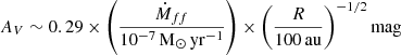 $$ \begin{aligned} A_V \sim 0.29 \times \left(\frac{\dot{M}_{ff}}{10^{-7}\,\mathrm{M}_\odot \,\mathrm{yr}^{-1}}\right) \times \left(\frac{R}{100\,\mathrm{au}}\right)^{-1/2} \mathrm{mag} \end{aligned} $$