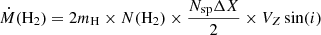 $$ \begin{aligned} \dot{M}(\mathrm{H}_2) = 2 m_{\rm H} \times N(\mathrm{H}_2) \times \frac{N_{\rm sp} \Delta X}{2} \times V_Z \sin (i) \end{aligned} $$