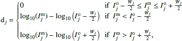 $$ \begin{aligned} \mathrm{d}_j = \left\{ \begin{array}{@l@{ }l} 0&~~ \text{ if} ~~ I^\mathrm{o}_j - \frac{W_j}{2} \le I^\mathrm{m}_j \le I^\mathrm{o}_j + \frac{W_j}{2} \\ \log _{10}(I^\mathrm{m}_j) - \log _{10}\left(I^\mathrm{o}_j - \frac{W_j}{2}\right)&~~ \text{ if} ~~ I^\mathrm{m}_j < I^\mathrm{o}_j - \frac{W_j}{2} \\ \\ \log _{10}(I^\mathrm{m}_j) - \log _{10}\left(I^\mathrm{o}_j + \frac{W_j}{2}\right)&~~ \text{ if} ~~ I^\mathrm{m}_j > I^\mathrm{o}_j + \frac{W_j}{2}, \\ \end{array} \right. \end{aligned} $$