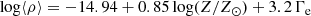 $$ \begin{aligned} \log \langle \rho \rangle = -14.94 + 0.85\log (Z/Z_\odot ) + 3.2\,\Gamma _{\rm e} \end{aligned} $$