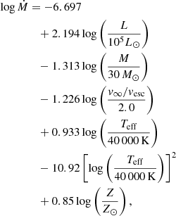 $$ \begin{aligned} \log \dot{M}&= -6.697 \nonumber \\&\quad + 2.194\log \left(\frac{L}{10^5L_\odot }\right) \nonumber \\&\quad - 1.313\log \left(\frac{M}{30\,M_\odot }\right) \nonumber \\&\quad - 1.226\log \left(\frac{v_\infty /v_{\rm esc}}{2.0}\right) \\&\quad + 0.933\log \left(\frac{T_{\rm eff}}{40\,000\,\mathrm{K}}\right) \nonumber \\&\quad -10.92\left[\log \left(\frac{T_{\rm eff}}{40\,000\,\mathrm{K}}\right)\right]^2 \nonumber \\&\quad + 0.85\log \left(\frac{Z}{Z_\odot }\right){,}\nonumber \end{aligned} $$