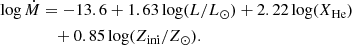 $$ \begin{aligned} \log \dot{M}&= -13.6 + 1.63\log (L/L_\odot )+2.22\log (X_{\rm He})\nonumber \\&\quad + 0.85\log (Z_{\rm ini}/Z_\odot ){.} \end{aligned} $$