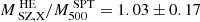 $ M^{\text{ HE}}_{\text{ SZ,X}}/M^{\text{ SPT}}_{500}=1.03 \pm 0.17 $