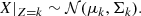 $$ \begin{aligned} X|_{Z=k} \sim \mathcal{N} (\mu _k, \Sigma _k) . \end{aligned} $$