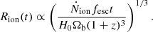 $$ \begin{aligned} R_{\mathrm{ion} }(t) \propto \left(\frac{\dot{N}_{\mathrm{ion} } {f_{\mathrm{esc} }}{t}}{{H_0}{\Omega _{\rm b}}{(1+z)^3}}\right)^{1/3}. \end{aligned} $$