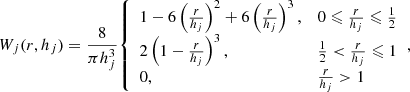 $$ \begin{aligned} W_j(r, h_j)=\frac{8}{\pi h_{j}^3} {\left\{ \begin{array}{ll}1-6\left(\frac{r}{h_{j}}\right)^2+6\left(\frac{r}{h_{j}}\right)^3,&0 \leqslant \frac{r}{h_{j}} \leqslant \frac{1}{2} \\ 2\left(1-\frac{r}{h_{j}}\right)^3,&\frac{1}{2} < \frac{r}{h_{j}} \leqslant 1 \\ 0,&\frac{r}{h_{j}}>1\end{array}\right.}, \end{aligned} $$