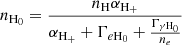 $$ \begin{aligned} n_{\mathrm{H}_{0}} = \frac{n_{\mathrm{H}} \alpha _{\mathrm{H}_{+}}}{\alpha _{\mathrm{H}_{+}} + \Gamma _{e \mathrm{H}_{0}} + \frac{\Gamma _{\gamma \mathrm{H}_{0}}}{n_{e}}} \end{aligned} $$
