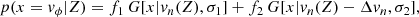 $$ \begin{aligned} p(x=v_\phi |Z)=f_1\,G[x|v_n(Z), \sigma _1] + f_2\,G[x|v_n(Z) - \Delta v_n, \sigma _2], \end{aligned} $$