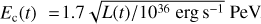 $\[E_{\mathrm{c}}(t)=1.7 \sqrt{L(t) / 10^{36} \mathrm{erg} \mathrm{s}^{-1}} ~\mathrm{PeV}\]$