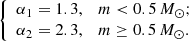 $$ \begin{aligned} {\left\{ \begin{array}{ll} \alpha _{\text{1}} = 1.3,\quad m < 0.5\,{M_\odot }; \\ \alpha _{\text{2}} = 2.3,\quad m \ge 0.5\,{M_\odot }. \end{array}\right.} \end{aligned} $$