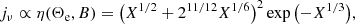 $$ \begin{aligned} j_{\rm \nu }\propto \eta (\Theta _{\rm e}, B)=\left(X^{1/2}+2^{11/12}X^{1/6}\right)^2\exp {\left(-X^{1/3}\right)}, \end{aligned} $$