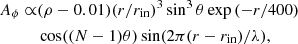 $$ \begin{aligned} \begin{aligned} A_{\rm \phi }\propto &(\rho - 0.01)(r/r_{\rm in})^3\sin ^3\theta \exp {(-r/400)}\\&\cos ((N-1)\theta )\sin (2\pi (r-r_{\rm in})/\lambda ), \end{aligned} \end{aligned} $$