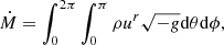 $$ \begin{aligned} \dot{M} = \int _0^{2\pi }\int _0^{\pi } \rho u^r \sqrt{-g}\mathrm{d}\theta \mathrm{d}\phi , \end{aligned} $$