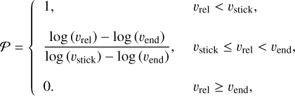 ${\cal P} = \left\{ {\matrix{ {1,\,\,\,\,\,\,\,\,\,\,\,\,\,\,\,\,\,\,\,\,\,\,\,\,\,\,\,\,\,\,\,\,\,\,\,\,\,\,\,\,\,\,\,\,\,\,\,\,\,\,\,\,\,\,{\upsilon _{{\rm{rel}}}} < {\upsilon _{{\rm{stick}}}},} \cr {{{\log \left( {{v_{{\rm{rel}}}}} \right) - \log \left( {{\upsilon _{{\rm{end}}}}} \right)} \over {\log \left( {{v_{{\rm{stick}}}}} \right) - \log \left( {{\upsilon _{{\rm{end}}}}} \right)}},{\upsilon _{{\rm{stick}}}} \le {\upsilon _{{\rm{rel}}}} < {\upsilon _{{\rm{end}}}},} \cr {0.\,\,\,\,\,\,\,\,\,\,\,\,\,\,\,\,\,\,\,\,\,\,\,\,\,\,\,\,\,\,\,\,\,\,\,\,\,\,\,\,\,\,\,\,\,\,\,\,\,\,\,\,\,{\upsilon _{{\rm{rel}}}} \ge {\upsilon _{{\rm{end}}}},} \cr } } \right.$