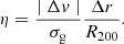 $$ \begin{aligned} \eta = \frac{\mid \Delta v \mid }{\sigma _{\rm g}} \frac{\Delta r}{R_{200}} .\end{aligned} $$