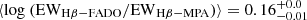 $ \langle \rm log~ (\mathrm{EW}_{\mathrm{H\beta-FADO}}/\mathrm{EW}_{\mathrm{H\beta-MPA}}) \rangle = 0.16^{+0.0}_{-0.01} $