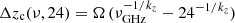 $ \Delta{z_{\rm c}} (\nu, 24) = \Omega\,(\nu^{-1/k_{z}}_{\rm GHz} - 24^{-1/k_{z}}) $