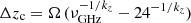 $ \Delta{z_{\rm c}} = \Omega\,(\nu^{-1/k_{z}}_{\rm GHz} - 24^{-1/k_{z}}) $
