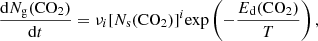 $$ \begin{aligned} \frac{\mathrm{d}N_{\rm g}(\mathrm{CO}_2)}{\mathrm{d}t}=\nu _i[N_{\rm s}(\mathrm{CO}_2)]^i{\exp }\left(-\frac{E_{\rm d}(\mathrm{CO}_2)}{T}\right), \end{aligned} $$